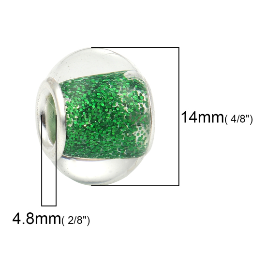 Image de Perles à Gros Trou au Style Européen en Alliage de zinc+Verre Rond Argenté Vert Brillant Paillettes Env. 14mm Dia, Trou: 4.8mm, 20 Pcs