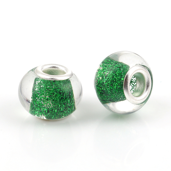 Image de Perles à Gros Trou au Style Européen en Alliage de zinc+Verre Rond Argenté Vert Brillant Paillettes Env. 14mm Dia, Trou: 4.8mm, 20 Pcs