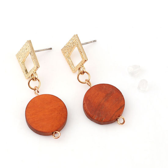 Imagen de Madera Pendientes Trapecio Chapado en Oro Marrón Ronda W/ Lazo 38mm x 15mm, Post/ Wire: (21 gauge), 2 Pares