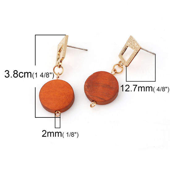 Imagen de Madera Pendientes Trapecio Chapado en Oro Marrón Ronda W/ Lazo 38mm x 15mm, Post/ Wire: (21 gauge), 2 Pares