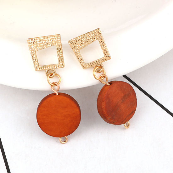 Imagen de Madera Pendientes Trapecio Chapado en Oro Marrón Ronda W/ Lazo 38mm x 15mm, Post/ Wire: (21 gauge), 2 Pares