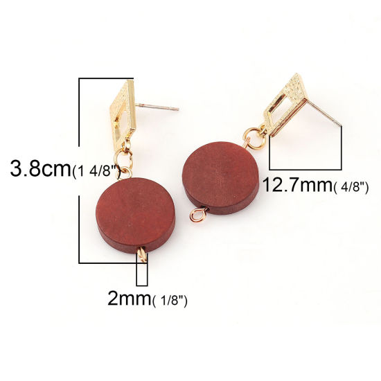 Imagen de Madera Pendientes Trapecio Chapado en Oro Marrón Oscuro Ronda W/ Lazo 38mm x 15mm, Post/ Wire: (21 gauge), 2 Pares