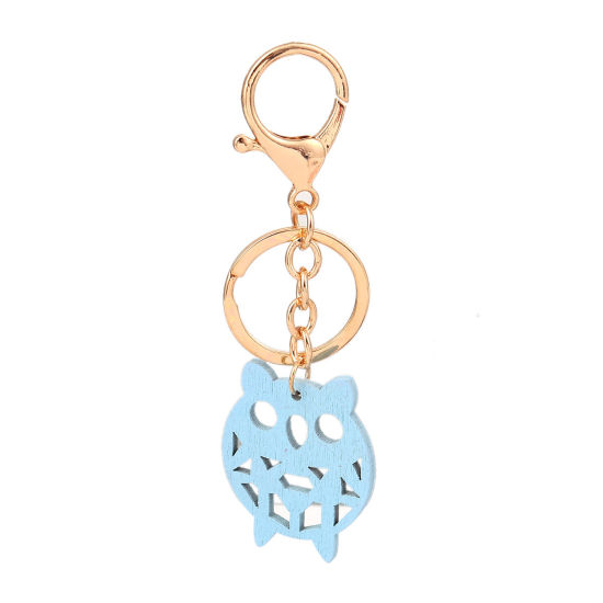 Picture of Wood Keychain & Keyring Owl Animal Gold Plated Blue 10.9cm x 3.4cm, 5 PCs