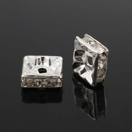 Perles en Laiton Carré Argenté Transparent Strass Env. 8mm x 8mm, Trou: env. 1.7mm, 50 Pcs