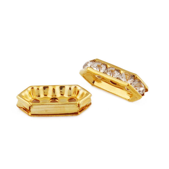 Immagine di Lega di Ferro Separatori Perline Rettangolo Oro Placcato Trasparente Strass Circa 15mm x 6mm, Foro:Circa 1.8mm, 50 Pz