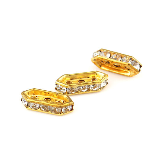 Immagine di Lega di Ferro Separatori Perline Rettangolo Oro Placcato Trasparente Strass Circa 15mm x 6mm, Foro:Circa 1.8mm, 50 Pz