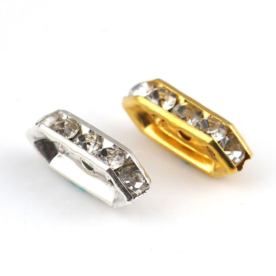 Immagine di Lega di Ferro Separatori Perline Rettangolo Oro Placcato Trasparente Strass Circa 15mm x 6mm, Foro:Circa 1.8mm, 50 Pz