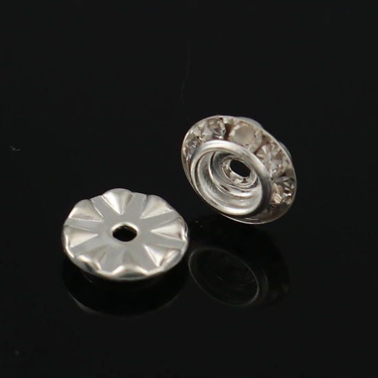Immagine di Lega di Ferro Separatori Perline Tondo Argento Placcato Trasparente Strass Circa 9mm Dia, Foro:Circa 1.6mm, 50 Pz