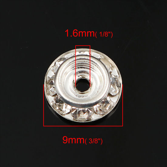 Picture of Iron Based Alloy Rondelle Spacer Beads Round Silver Plated Clear Rhinestone About 9mm Dia, Hole: Approx 1.6mm, 50 PCs