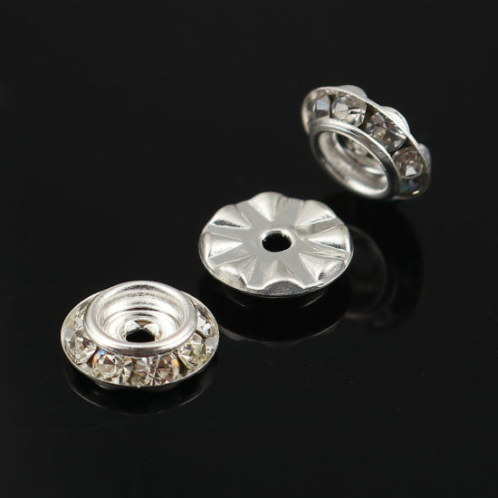 Picture of Iron Based Alloy Rondelle Spacer Beads Round Silver Plated Clear Rhinestone About 9mm Dia, Hole: Approx 1.6mm, 50 PCs