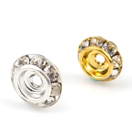 Immagine di Lega di Ferro Separatori Perline Tondo Argento Placcato Trasparente Strass Circa 9mm Dia, Foro:Circa 1.6mm, 50 Pz