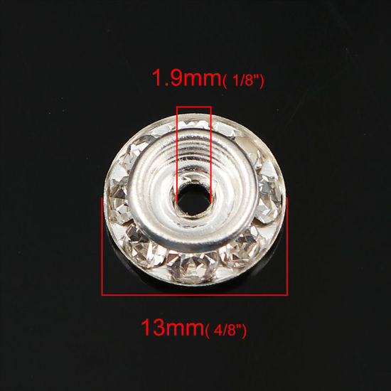 Picture of Iron Based Alloy Rondelle Spacer Beads Round Silver Plated Clear Rhinestone About 13mm Dia, Hole: Approx 1.9mm, 50 PCs