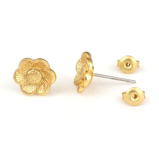 Picture of Zinc Based Alloy Ear Post Stud Earrings Findings Flower Matt Gold 10mm x 10mm, Post/ Wire Size: (21 gauge), 6 PCs