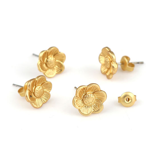 Picture of Zinc Based Alloy Ear Post Stud Earrings Findings Flower Matt Gold 10mm x 10mm, Post/ Wire Size: (21 gauge), 6 PCs