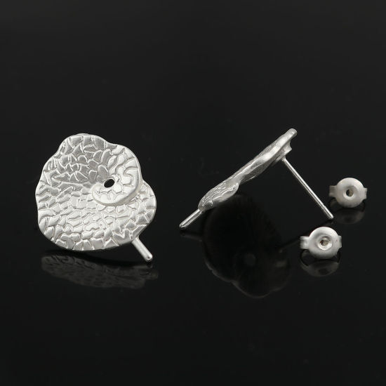 Picture of Zinc Based Alloy Ear Post Stud Earrings Findings Leaf Matt Silver Color Spiral 22mm x 17mm, Post/ Wire Size: (21 gauge), 4 PCs