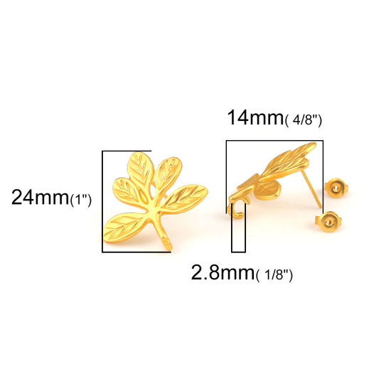 Picture of Zinc Based Alloy Ear Post Stud Earrings Findings Leaf Gold Plated W/ Open Loop 24mm x 24mm, Post/ Wire Size: (21 gauge), 4 PCs