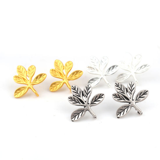 Picture of Zinc Based Alloy Ear Post Stud Earrings Findings Leaf Gold Plated W/ Open Loop 24mm x 24mm, Post/ Wire Size: (21 gauge), 4 PCs