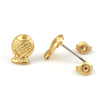 Zinc Based Alloy Ear Post Stud Earrings Findings Fish Animal Matt Gold 10mm x 8mm, Post/ Wire Size: (21 gauge), 6 PCs