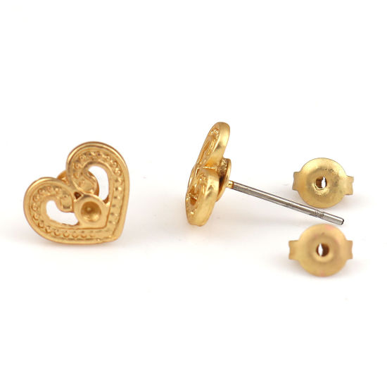 Picture of Zinc Based Alloy Ear Post Stud Earrings Findings Heart Matt Gold (Can Hold ss6 Rhinestone) 10mm x 8mm, Post/ Wire Size: (21 gauge), 6 PCs