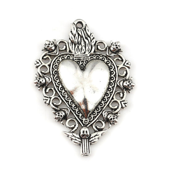 Picture of Zinc Based Alloy Pendants Ex Voto Heart Antique Silver Color Angel 41mm x 28mm, 5 PCs