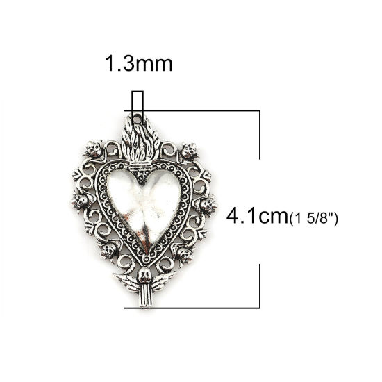 Picture of Zinc Based Alloy Pendants Ex Voto Heart Antique Silver Color Angel 41mm x 28mm, 5 PCs