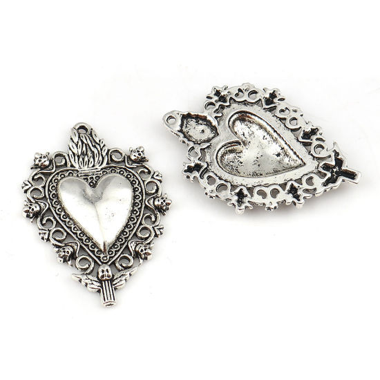 Picture of Zinc Based Alloy Pendants Ex Voto Heart Antique Silver Color Angel 41mm x 28mm, 5 PCs