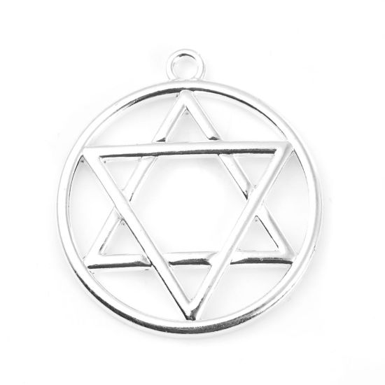 Bild von Zinklegierung Religiöse Schmuck Hexagramm Davidstern Anhänger Rund Versilbert 39mm x 34mm, 10 Stück