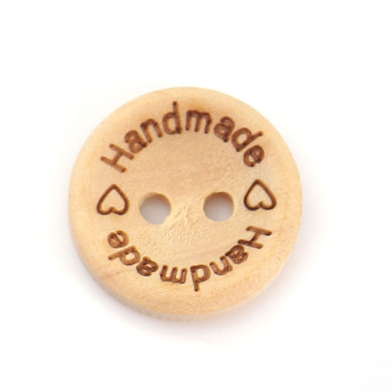 Image de Bouton de Couture en Bois Deux Trous Rond Couleur Naturelle Gravé Caractère " Handmade" 15mm Dia, 100 PCs