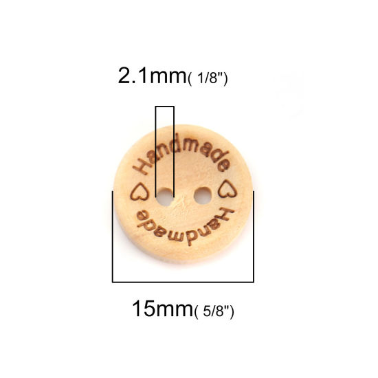 Image de Bouton de Couture en Bois Deux Trous Rond Couleur Naturelle Gravé Caractère " Handmade" 15mm Dia, 100 PCs