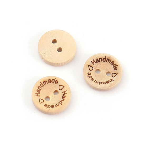 Image de Bouton de Couture en Bois Deux Trous Rond Couleur Naturelle Gravé Caractère " Handmade" 15mm Dia, 100 PCs