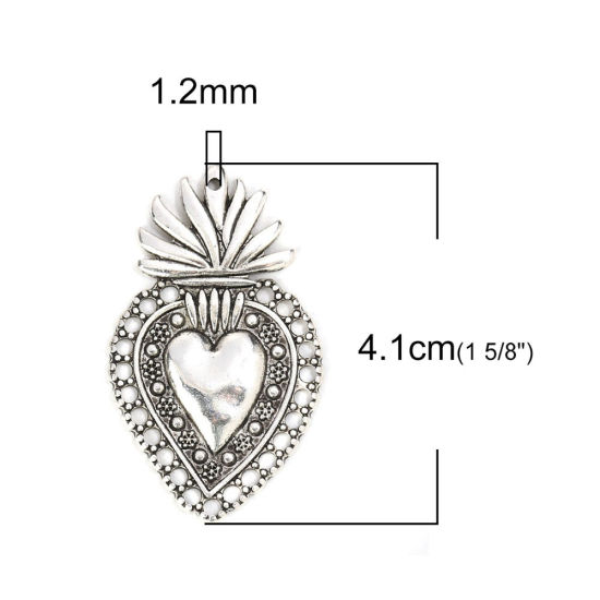 Picture of Zinc Based Alloy Pendants Ex Voto Heart Antique Silver Color 39mm x 34mm, 5 PCs