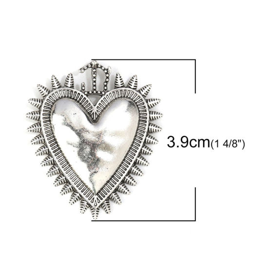 Picture of Zinc Based Alloy Pendants Ex Voto Heart Antique Silver Color 39mm x 34mm, 5 PCs