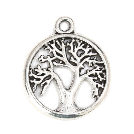 Picture of Zinc Based Alloy Charms Round Antique Silver Color Tree 19mm( 6/8") x 16mm( 5/8"), 50 PCs