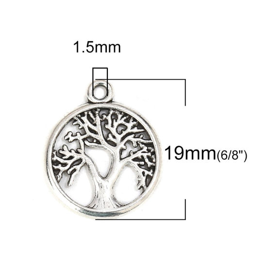Image de Breloques en Alliage de Zinc Rond Arbres Argent Vieilli 19mm x 16mm, 50 Pcs