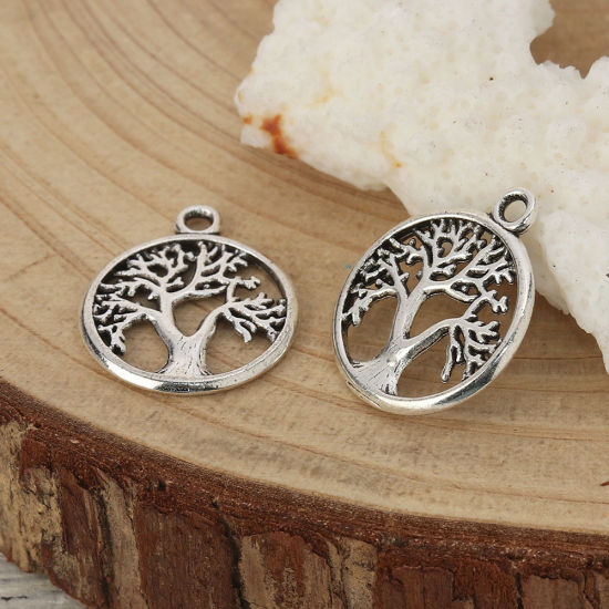 Image de Breloques en Alliage de Zinc Rond Arbres Argent Vieilli 19mm x 16mm, 50 Pcs