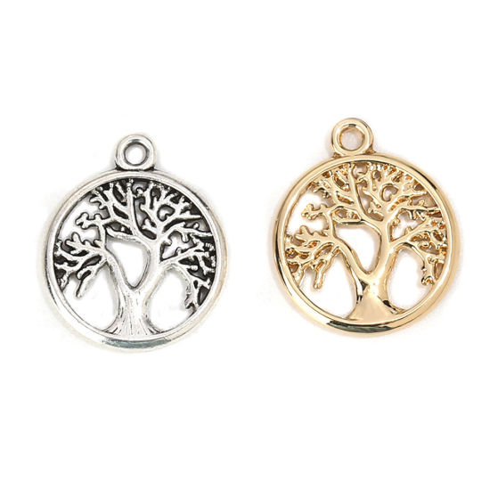 Image de Breloques en Alliage de Zinc Rond Arbres Argent Vieilli 19mm x 16mm, 50 Pcs