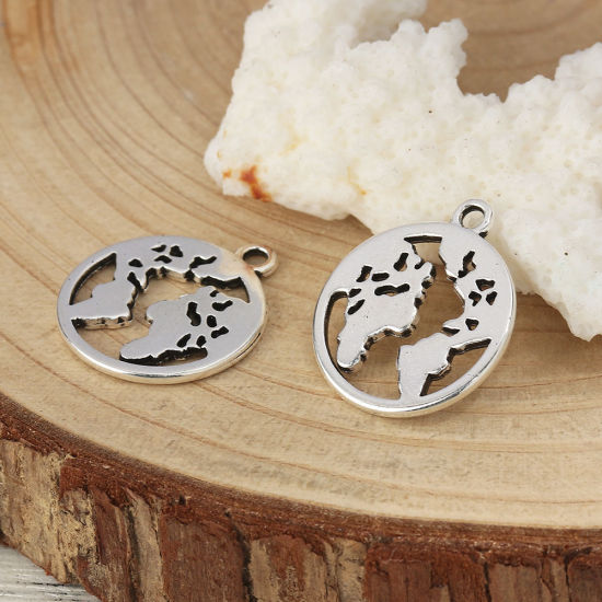 Image de Breloques en Alliage de Zinc Rond Carte Argent Vieilli 21mm x 18mm, 30 Pcs