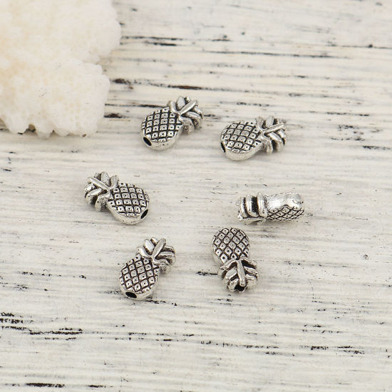 Picture of Zinc Based Alloy Spacer Beads Pineapple/ Ananas Fruit Antique Silver Color 10mm x 6mm, Hole: Approx 1.3mm, 100 PCs
