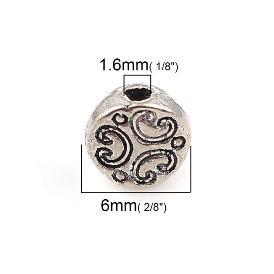 Picture of Zinc Based Alloy Spacer Beads Round Antique Silver Color Carved About 6mm Dia, Hole: Approx 1.6mm, 100 PCs