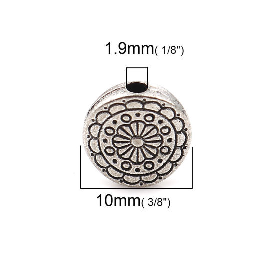 Picture of Zinc Based Alloy Spacer Beads Round Antique Silver Color Carved About 10mm Dia, Hole: Approx 1.9mm, 100 PCs