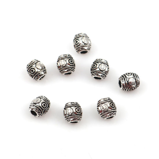 Picture of Zinc Based Alloy Spacer Beads Barrel Antique Silver Color Carved 7mm x 6mm, Hole: Approx 2.4mm, 100 PCs