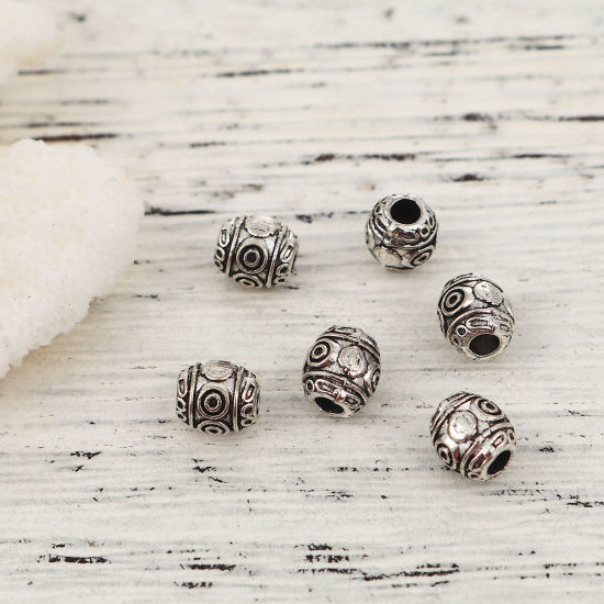 Picture of Zinc Based Alloy Spacer Beads Barrel Antique Silver Color Carved 7mm x 6mm, Hole: Approx 2.4mm, 100 PCs