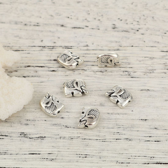 Picture of Zinc Based Alloy Spacer Beads Elephant Animal Antique Silver Color 12mm x 9mm, Hole: Approx 1.4mm, 50 PCs