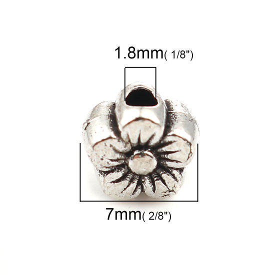 Изображение Цинковый Сплав Бусины Цветы Античное Серебро 7мм x 6мм, Отверстие:примерно 1.8мм, 100 ШТ