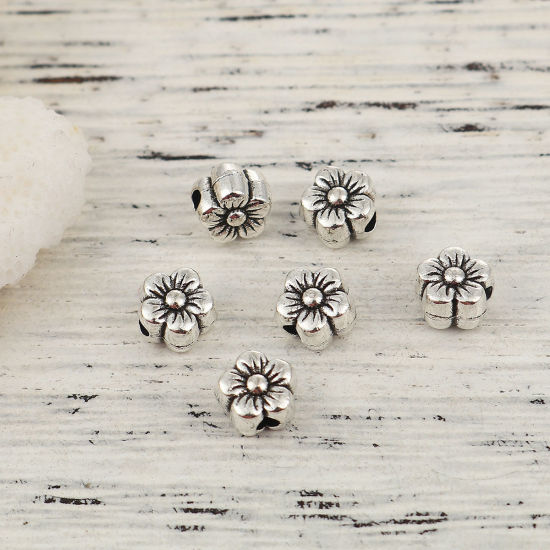 Picture of Zinc Based Alloy Spacer Beads Flower Antique Silver Color 7mm x 6mm, Hole: Approx 1.8mm, 100 PCs