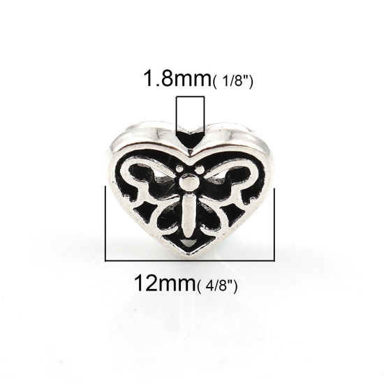 Picture of Zinc Based Alloy Spacer Beads Heart Antique Silver Color Butterfly 12mm x 10mm, Hole: Approx 1.8mm, 50 PCs
