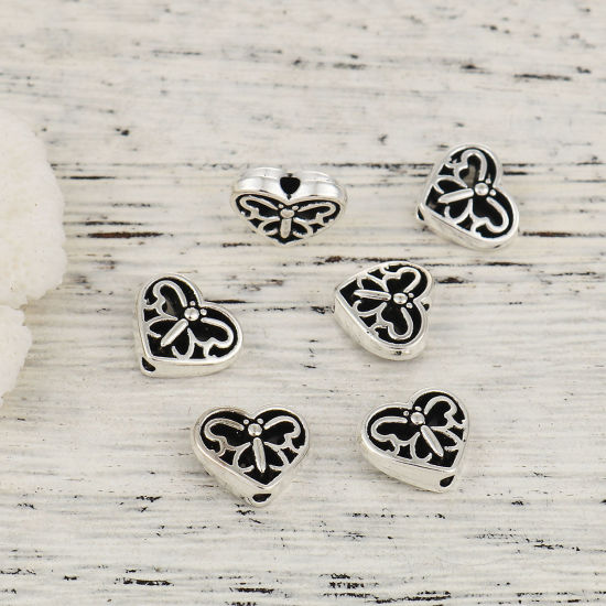 Picture of Zinc Based Alloy Spacer Beads Heart Antique Silver Color Butterfly 12mm x 10mm, Hole: Approx 1.8mm, 50 PCs