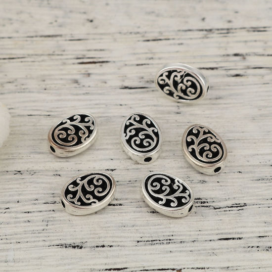 Picture of Zinc Based Alloy Spacer Beads Oval Antique Silver Color Carved 12mm x 10mm, Hole: Approx 1.8mm, 50 PCs