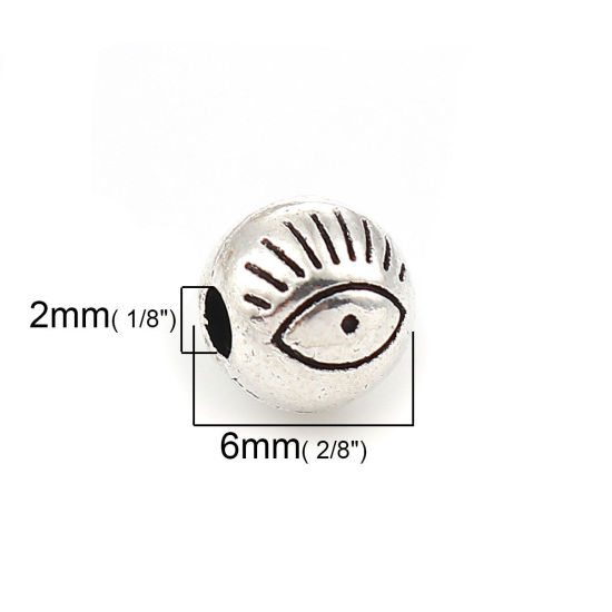 Picture of Zinc Based Alloy Spacer Beads Round Antique Silver Color Eye About 6mm Dia, Hole: Approx 2mm, 100 PCs