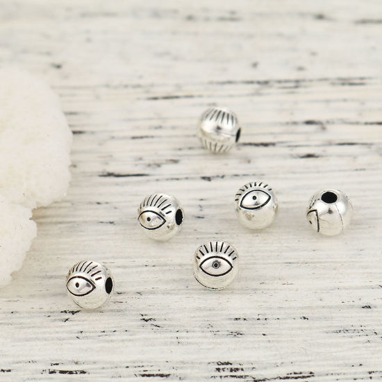 Picture of Zinc Based Alloy Spacer Beads Round Antique Silver Color Eye About 6mm Dia, Hole: Approx 2mm, 100 PCs